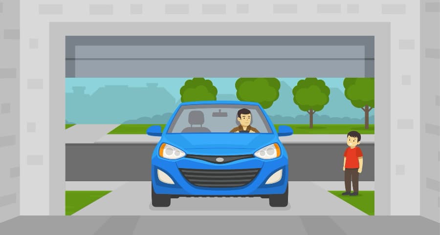 Graphic of a man driving into the garage with a child looking on.